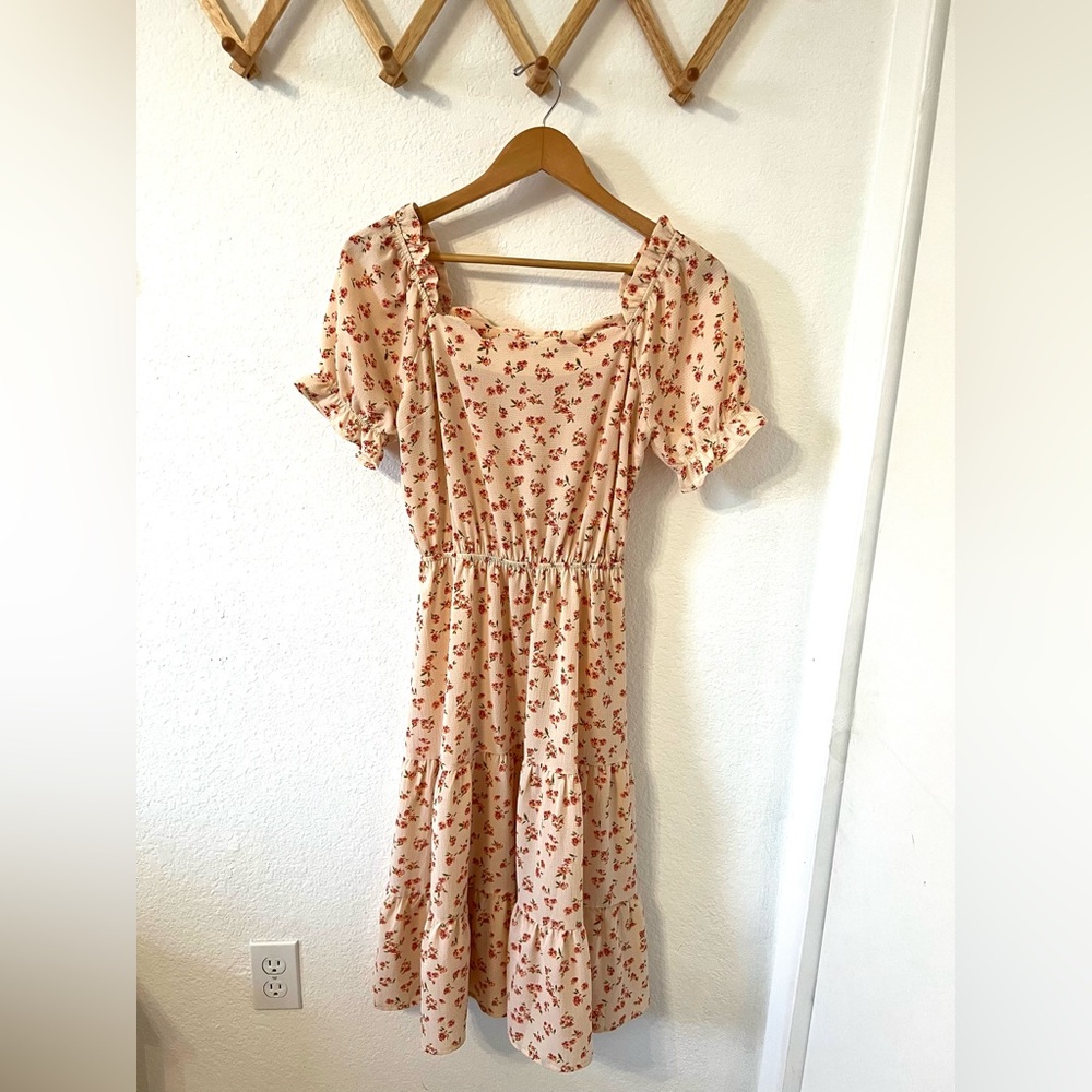 Peach floral dress with scalloped neckline